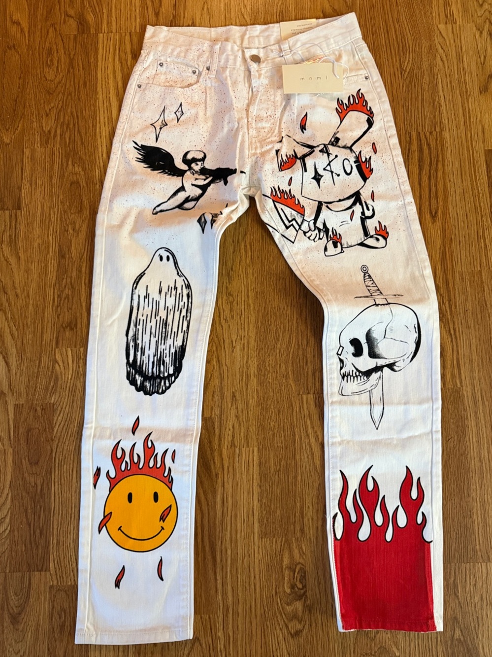 MNML White Skinny Jeans with Red Flame & Black Graphic Prints